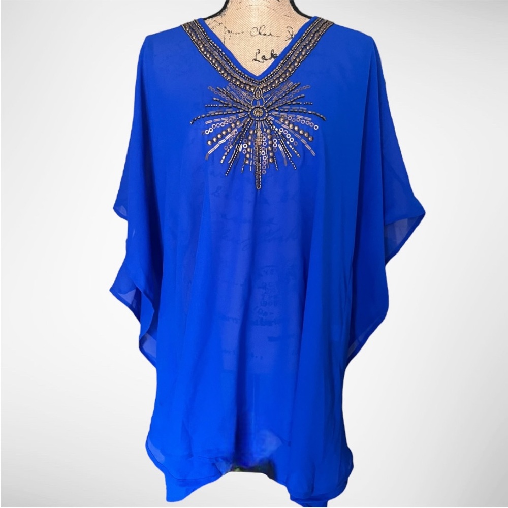 SPIAGGIA DOLCE Royal Blue Sheer Tunic Swimsuit  Coverup Size Large‎ | NWT
